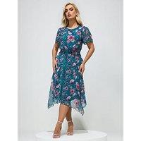 Yours Curve Floral Ruffle Sleeve Hanyk Hem Dress - Blue