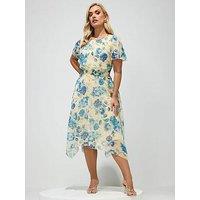 Yours Curve Floral Ruffle Sleeve Hanky Hem Dress - Yellow