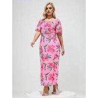 Yours Curve Floral Gather Square Neck Dress - Pink