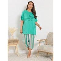 Yours Curve Sunny Days Striped Short Sleeve Cropped Pyjama Set - Green