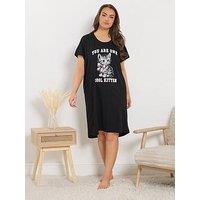 Yours Curve Cool Kitten Dipped Back Nightdress - Black