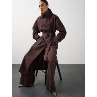 Michelle Keegan Belted Funnel Neck Longline Coat - Chocolate Plum