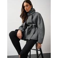 Michelle Keegan Womens Textured Removable Scarf Belted Coat - Grey