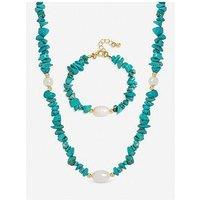 Mood Gold Plated Turquoise And Pearl Beaded Set