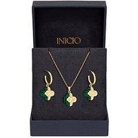 Inicio Gold Plated And Malachite Clover Set - Gift Box