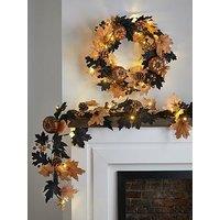 The Very Collection Autumn Black/Beige Lit & Leaf Garland