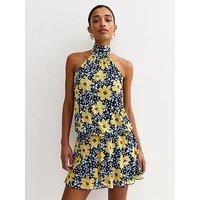 New Look Floral Mesh Halter Neck Mini Dress - Blue