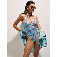 River Island Shirred Palm Print Swimsuit - Blue