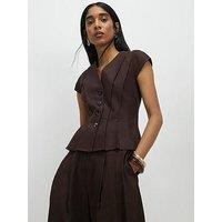 River Island Short Sleeve Linen Pleat Detail Top - Brown