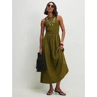 River Island Linen Shirred Boat Neck Midi Dress - Green