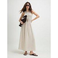 River Island Linen Shirred Boat Nk Midi - Beige