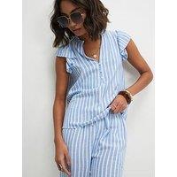 River Island Blue Linen Frill Stripe Blouse Co-Ord