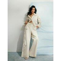 River Island Wide Embroidered Trouser Pant - Cream