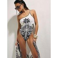 River Island One Shoulder Print Swimsuit - Cream