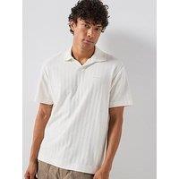 Calvin Klein Vertical Stripe Textured Open Collar Polo Shirt - Off White