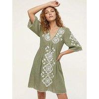 Raffya Arabella V- Neck Embroidered Mini Dress In Sage Green