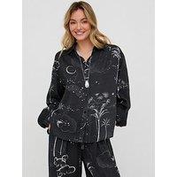 Raffya Button Down Palm Print Shirt- Black