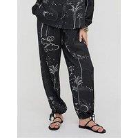 Raffya High Waist Palm Print Trousers - Black