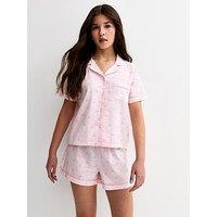 New Look 915 Girls Stripe Bow Revere Collar Shirt And Shorts Pyjama Set - Light Pink
