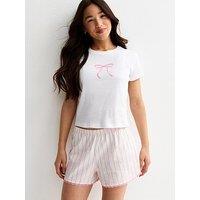 New Look 915 Girls Cotton Bow T-Shirt And Striped Shorts Pyjama Set - White