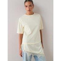 The Very Collection Satin And Lace Trim Asymmetric Hem Tshirt- Lemon