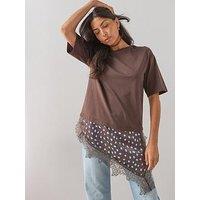 The Very Collection Spot Satin And Lace Trim Asymmetric Hem Tshirt- Brown