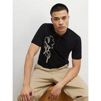 River Island Slim Flower Roping Polo Shirt - Black