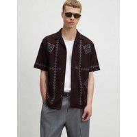River Island Short Sleeve Embroidered Revere Collar Shirt - Brown