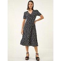 Roman Polka Dot Ruched Sleeve Midi Dress