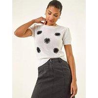 Roman Daisy Sparkly Embroidered Knit Top