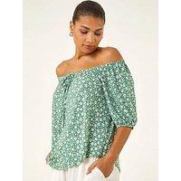 Roman Floral Puff Print Bardot Top