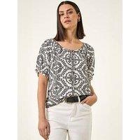 Roman Mono Printed Tie Neck Top