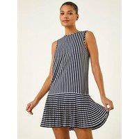 Roman Stripe Print Pleated A-Line Dress