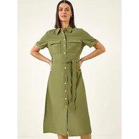 Roman Button Belted Collared Shirt Dress