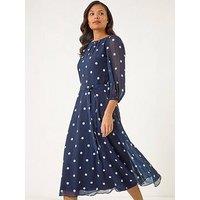 Roman Spot Print Chiffon Pleated Midi Dress