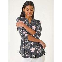 Roman Textured Floral Print V-Neck Stretch Shirt