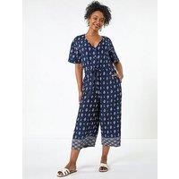 Roman Petite Print V-Neck Cropped Jumpsuit