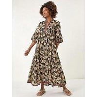 Roman Floral Print Border Maxi Dress