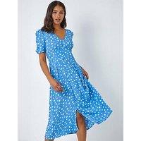 Roman Polka Dot Ruched Sleeve Midi Dress