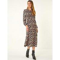 Roman Geometric Print Shirred Midi Dress