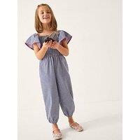 Monsoon Girls Gingham Shirred Jumpsuit - Navy