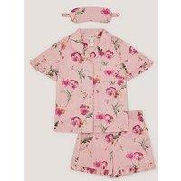 Monsoon Girls Pansy Woven Print Pyjamas With Eye Mask - Pink