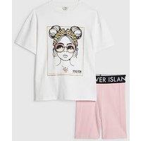 River Island Older Girls Girl Print T-Shirt And Shorts Set - White