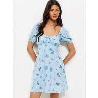New Look Crepe Striped Floral Print Milkmaid Mini Dress - Blue