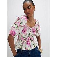 River Island Puff Slv Shirred Top - White