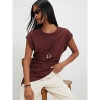 River Island P Short Sleeve Linen Asym Hem Top - Brown