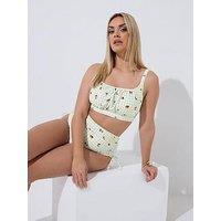 Yours Curve Gingham Fruit Print Bikini Top - Green