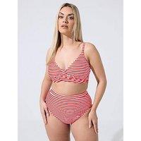 Yours Curve Striped Bikini Twist Top - Red
