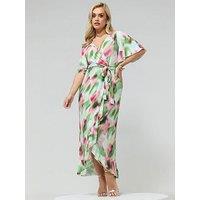 Yours Curve Blur Wrap Ruffle Dress - Green