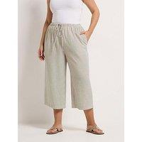 Yours Curve Stripe Linen Look Cropped Trousers - Cream